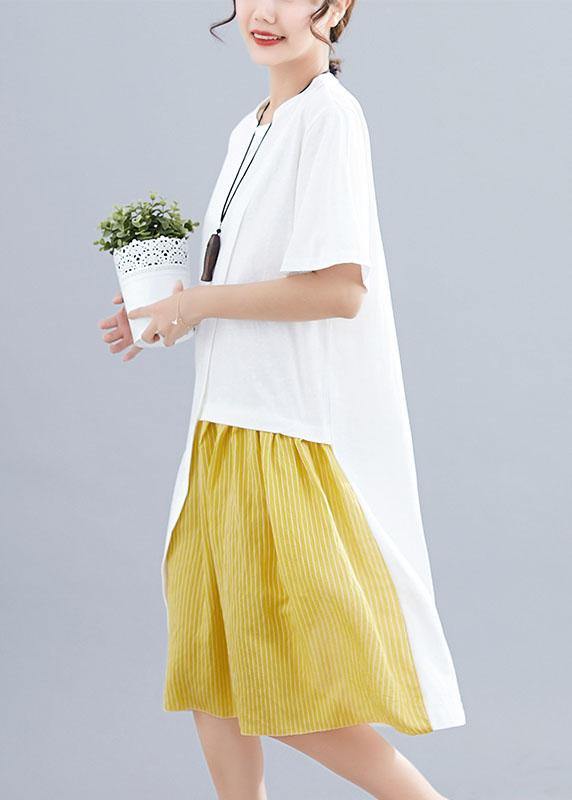 White Patchwork O-Neck Linen Dress