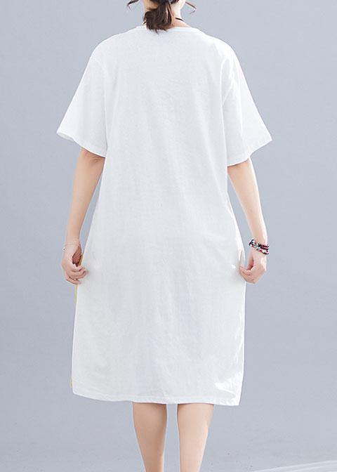 White Patchwork O-Neck Linen Dress