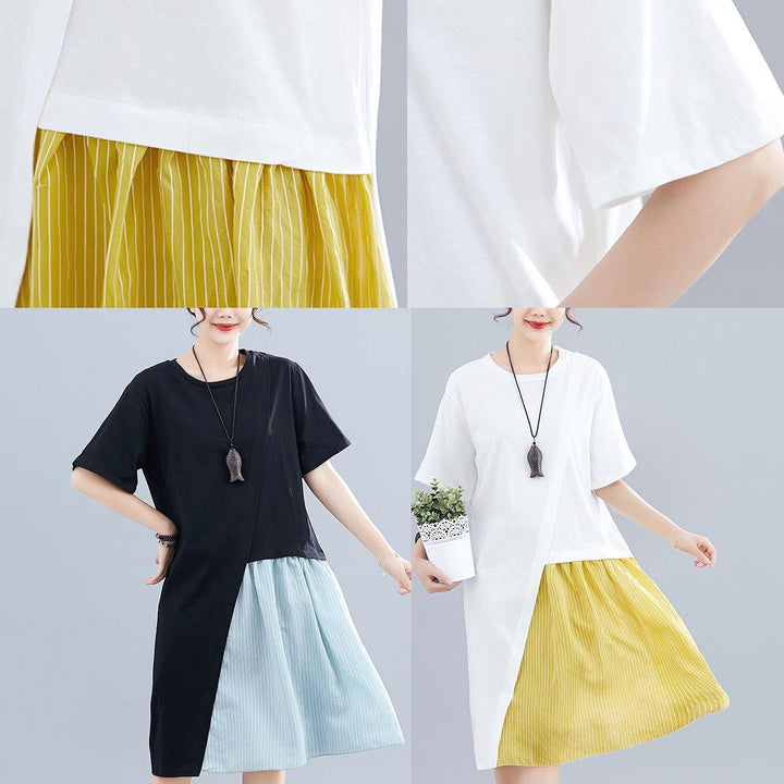 White Patchwork O-Neck Linen Dress