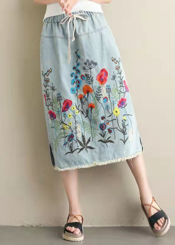Women's Light Blue Embroidered Pockets A-Line Summer Denim Skirts