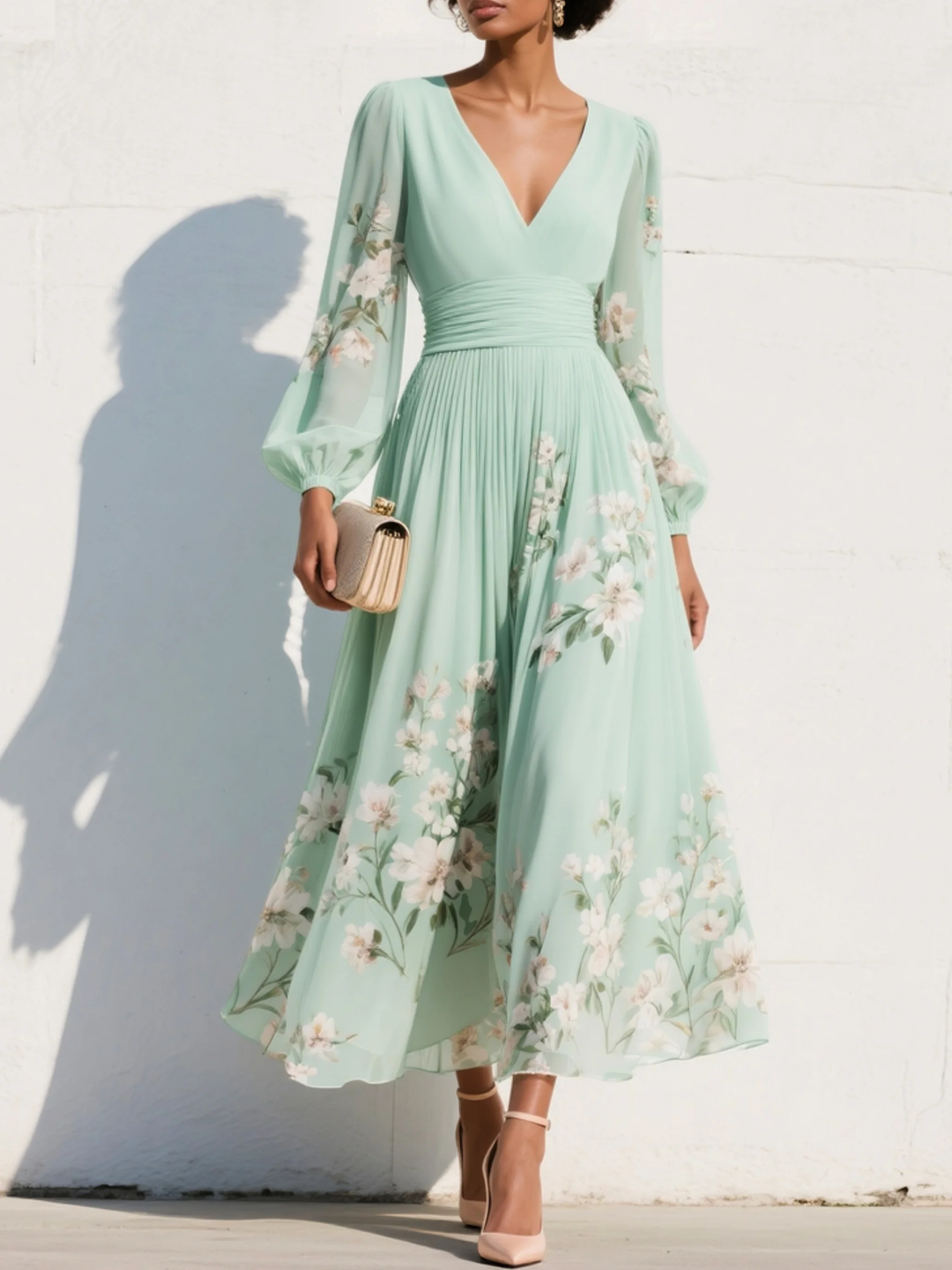 Sienna | V-Neck Pleated Floral Midi Dress