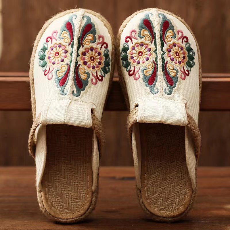 Linen Floral Flip Flop Flats