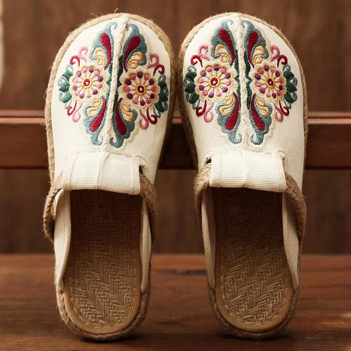 Linen Floral Flip Flop Flats