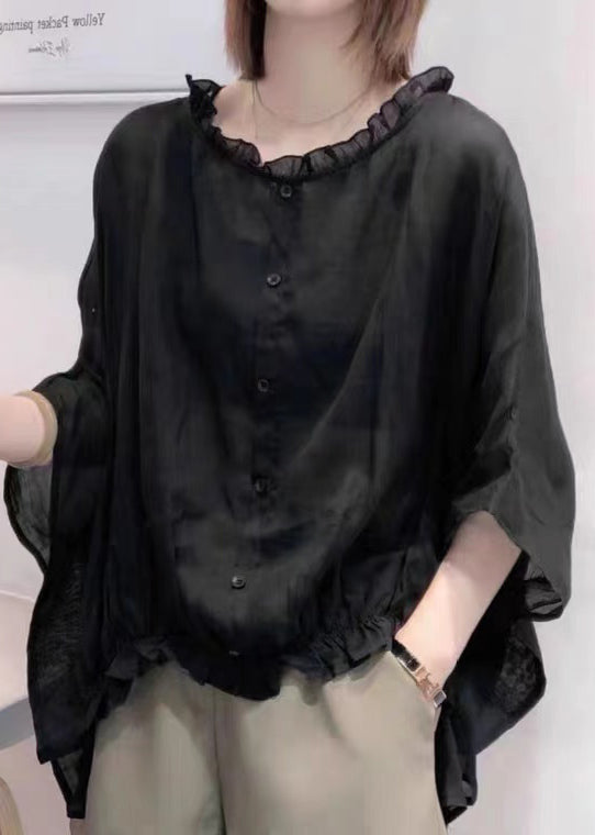 Navy Ruffle Trim Plus Size Blouse