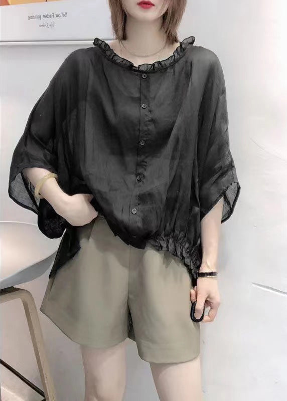 Navy Ruffle Trim Plus Size Blouse