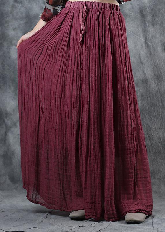Burgundy Loose Elastic Waist Linen Maxi