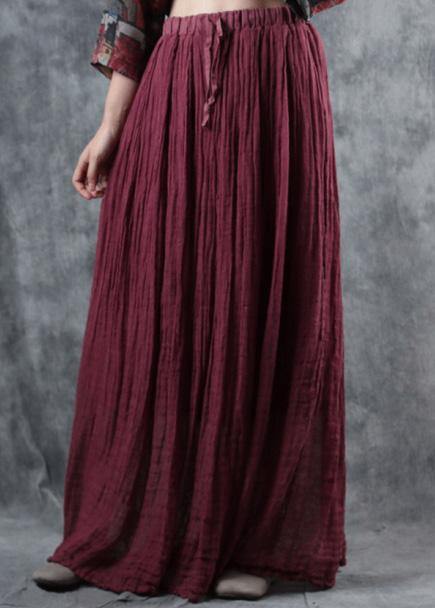 Burgundy Loose Elastic Waist Linen Maxi
