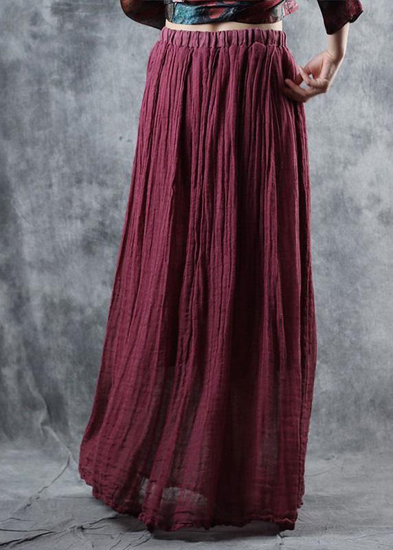 Burgundy Loose Elastic Waist Linen Maxi