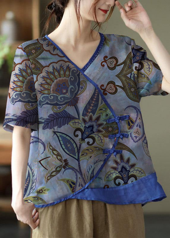 Blue Print Ramie Oriental Top