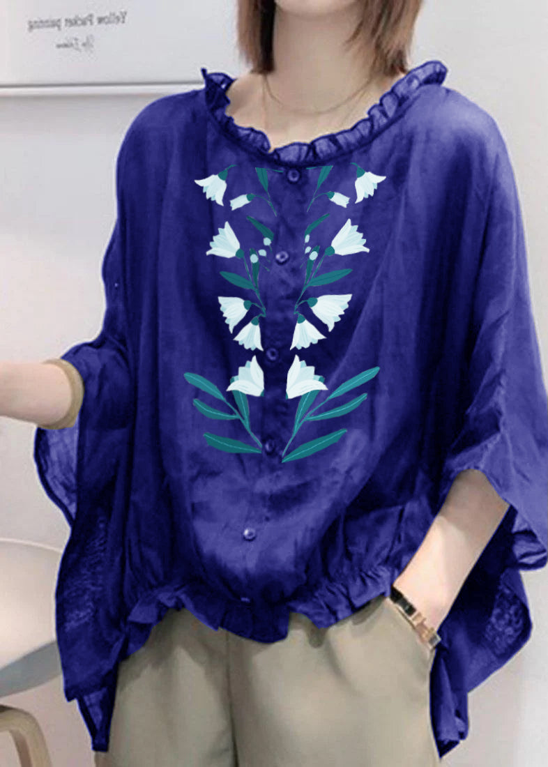 Navy Ruffle Trim Plus Size Blouse