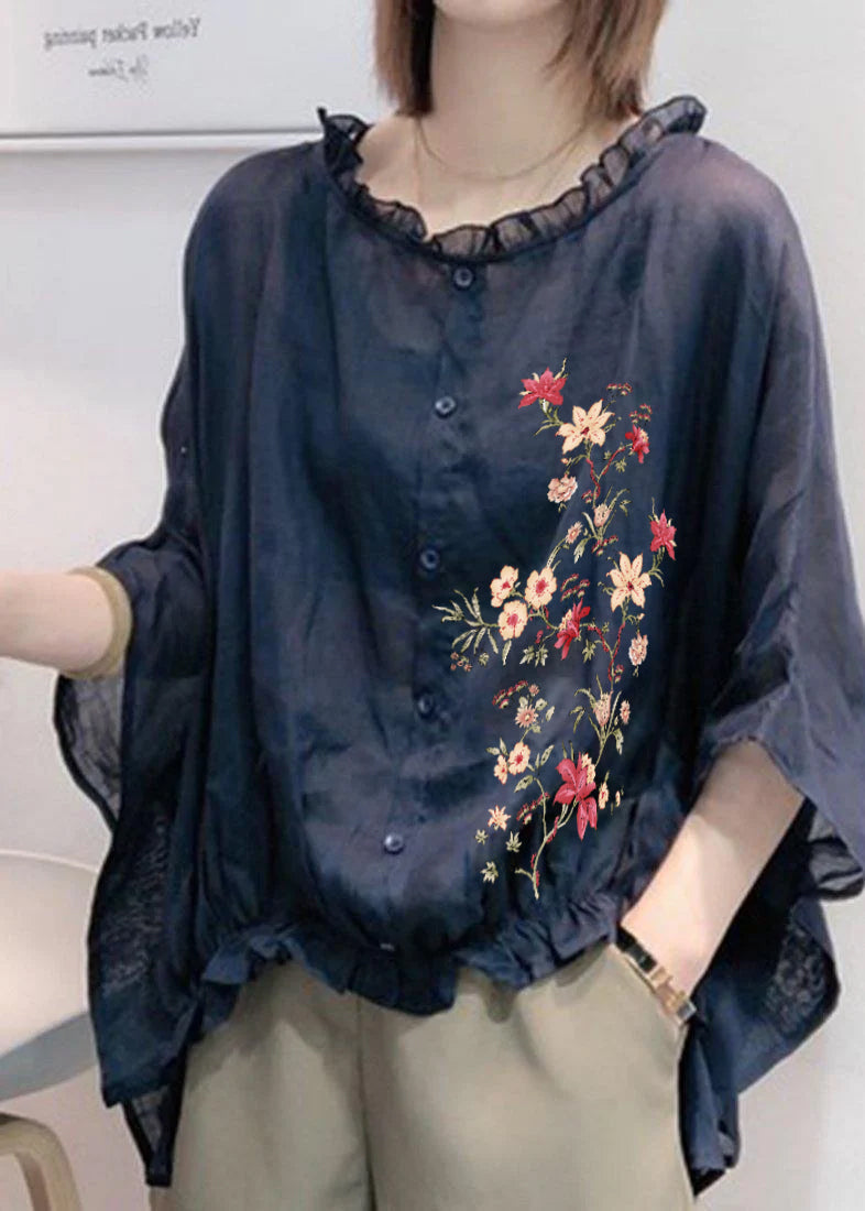 Navy Ruffle Trim Plus Size Blouse