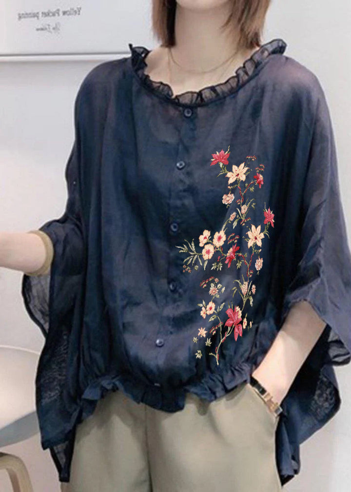 Navy Ruffle Trim Plus Size Blouse