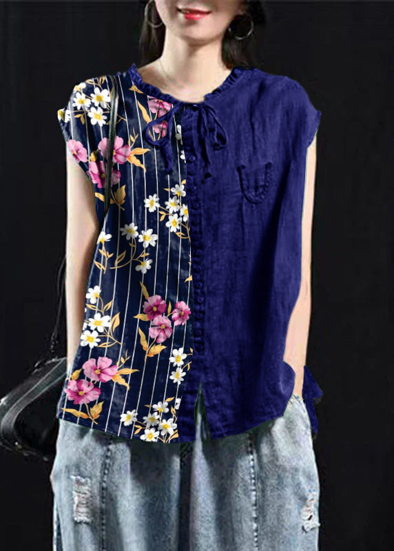 Black Green Patchwork Ruffle Cotton Top