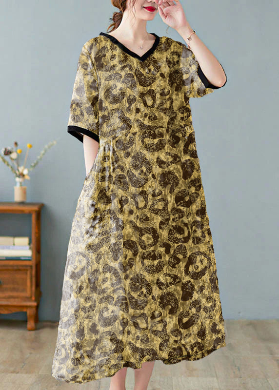 Khaki V-Neck Linen Summer Dress
