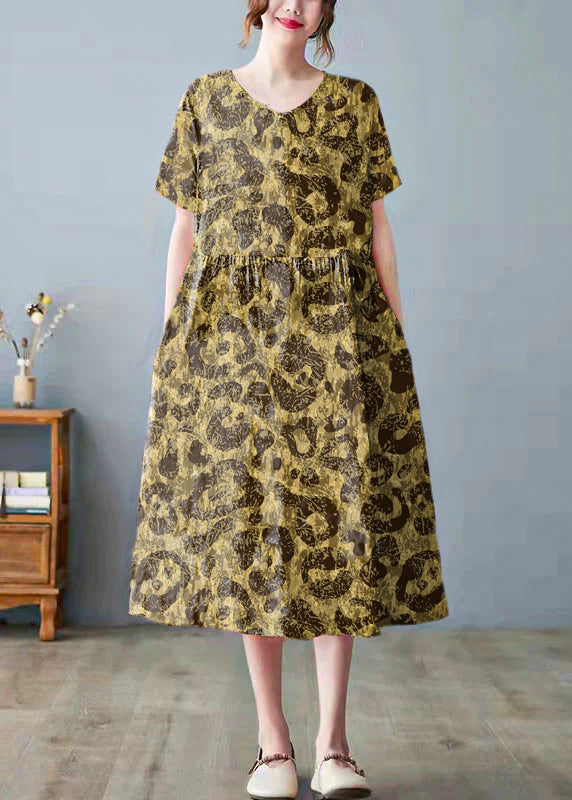 Orange O-Neck Pocket Print Dress