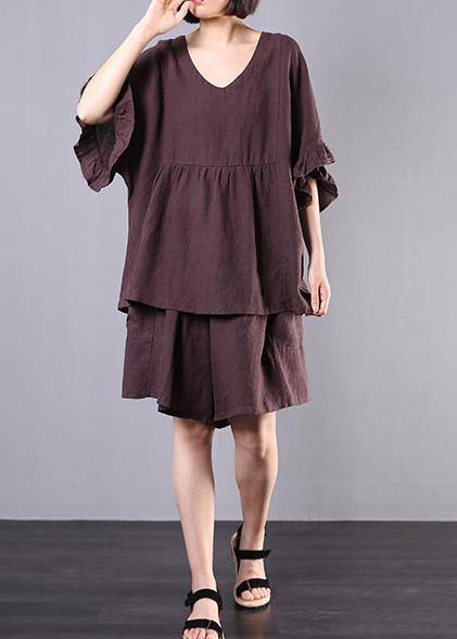 Chocolate Ruffle Linen Two-Piece Set