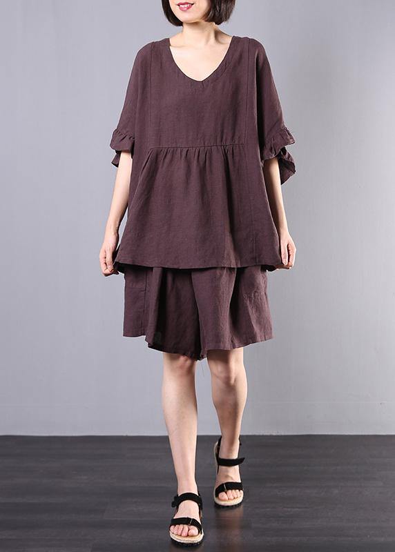 Chocolate Ruffle Linen Two-Piece Set