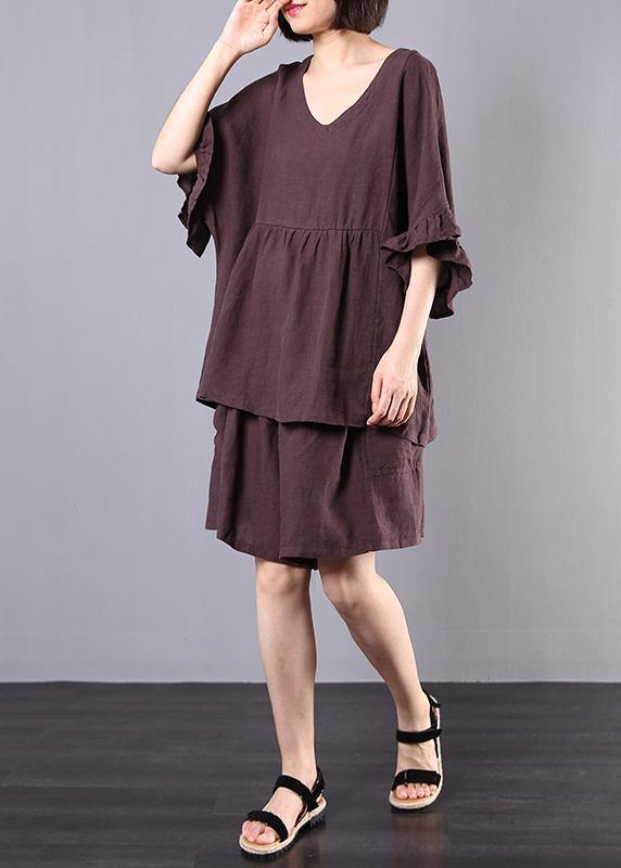 Chocolate Ruffle Linen Two-Piece Set