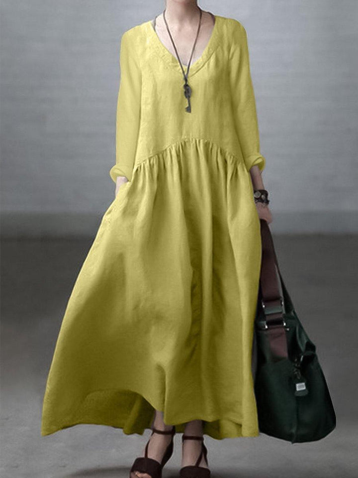 Casual Cotton Linen V-Neck Dress