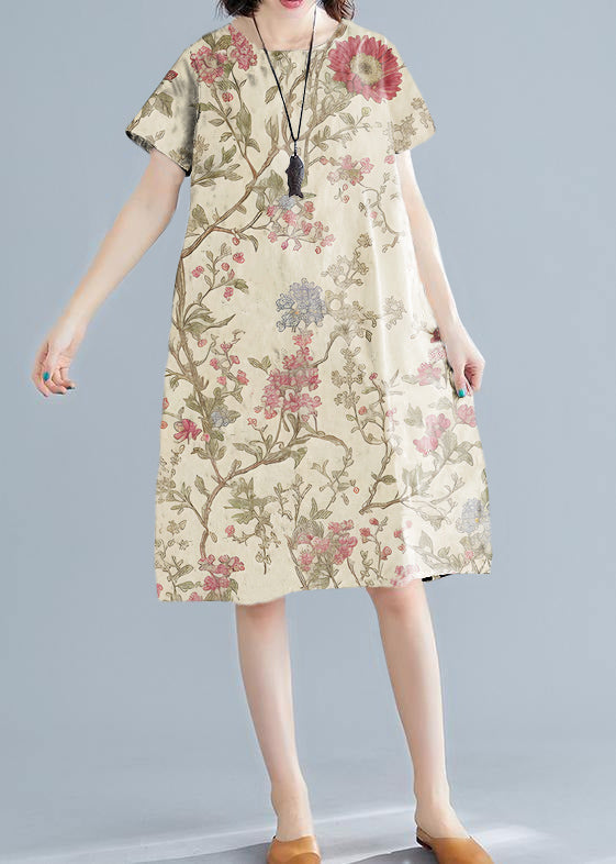 White Printed O-Neck Linen Shift Dress