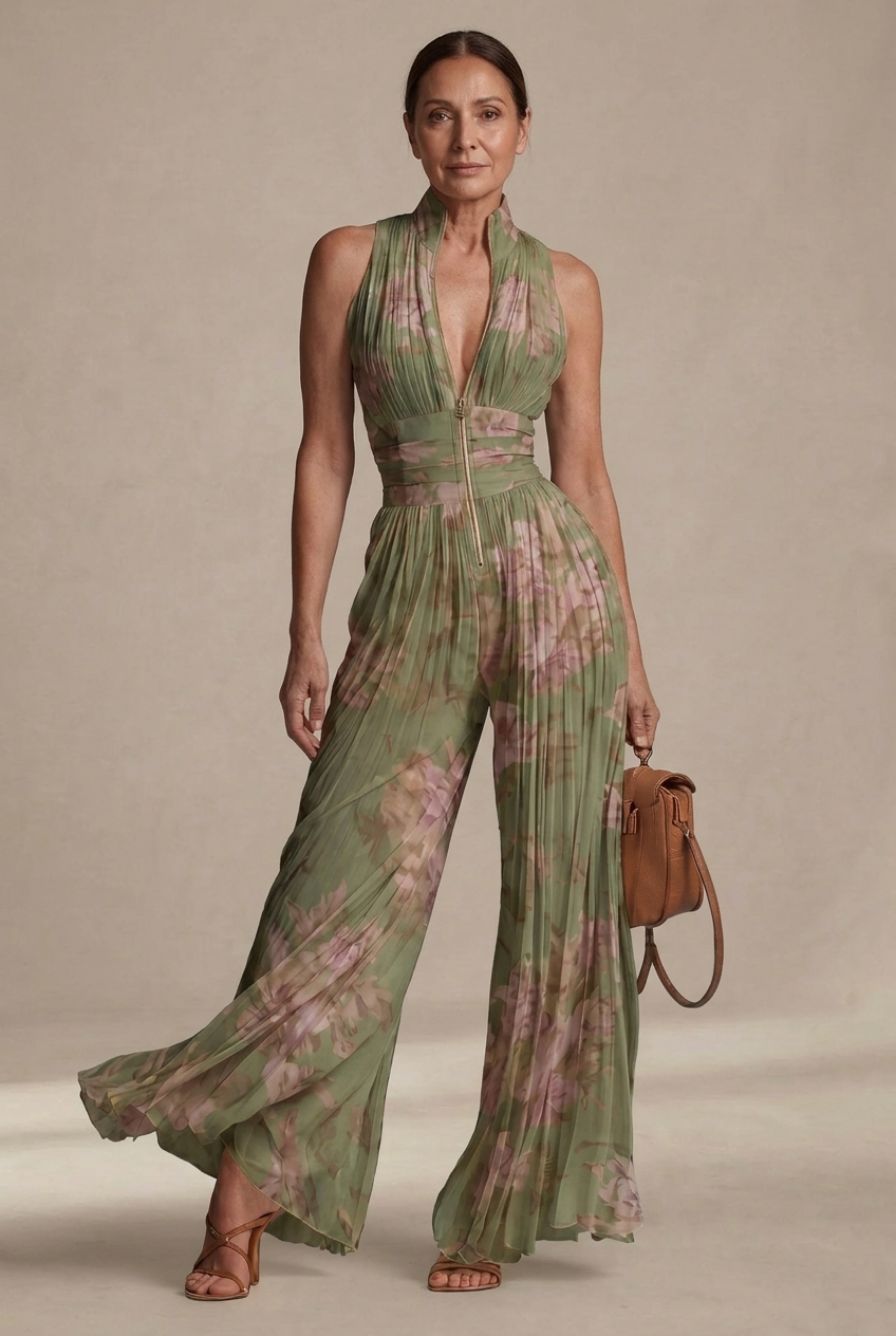 Inés Pleated Floral Chiffon Jumpsuit