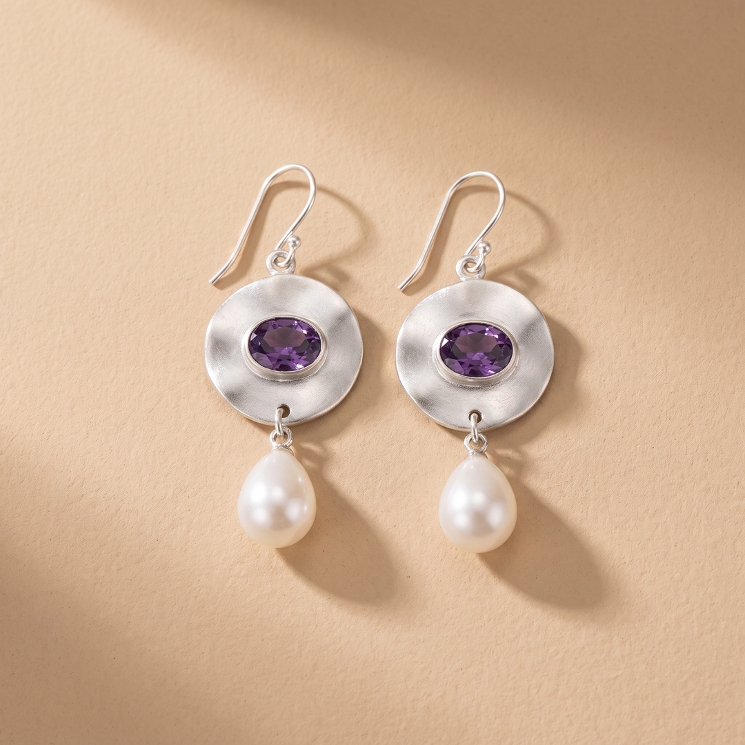 Freya | Pearl Earrings with Purple Zirconia