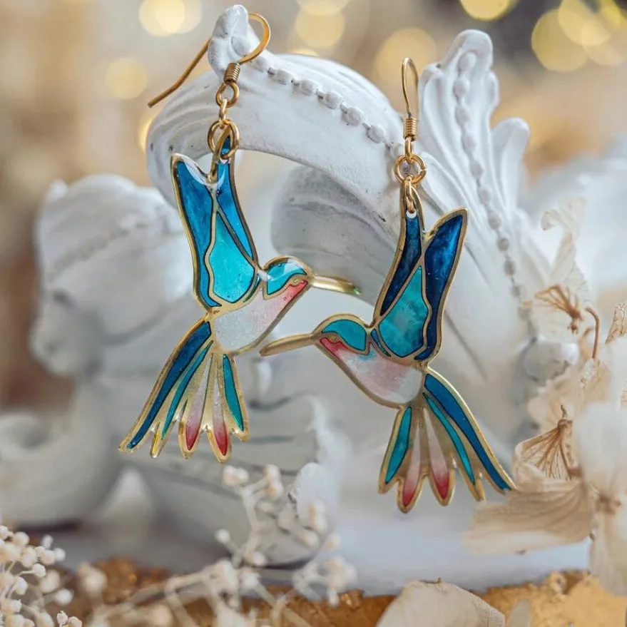 Opaline | Hanging Earrings with Hummingbird in Gold and Blue Enamel