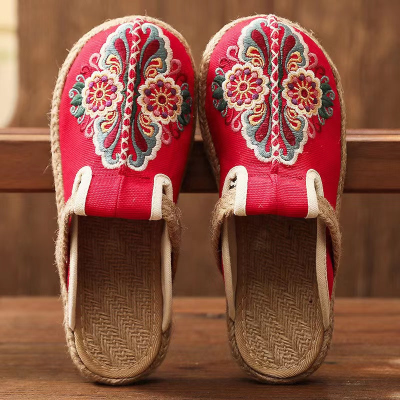 Linen Floral Flip Flop Flats