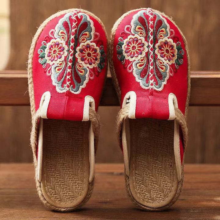 Linen Floral Flip Flop Flats