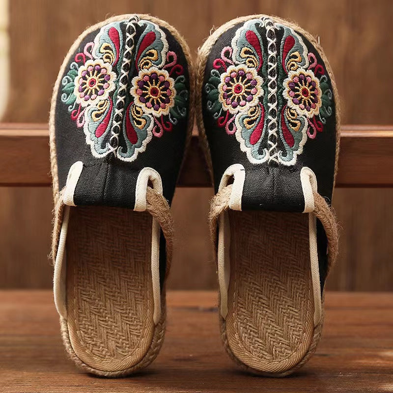 Linen Floral Flip Flop Flats