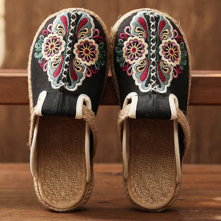 Linen Floral Flip Flop Flats