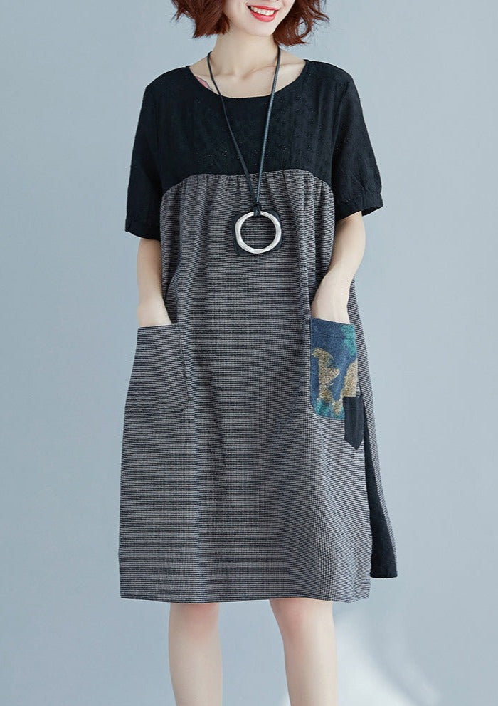 Black Cotton Linen Patchwork Vacation Dress