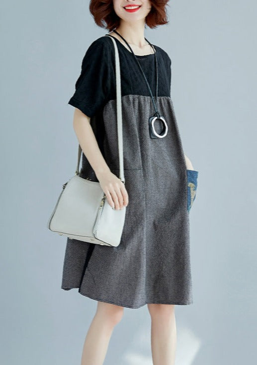 Black Cotton Linen Patchwork Vacation Dress
