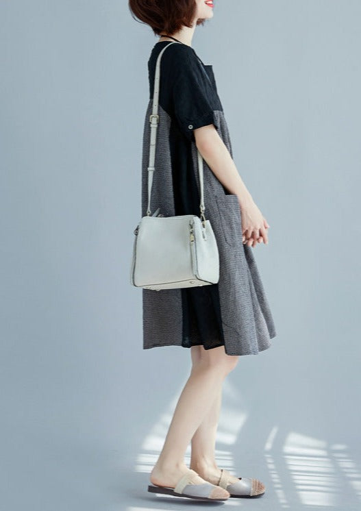 Black Cotton Linen Patchwork Vacation Dress