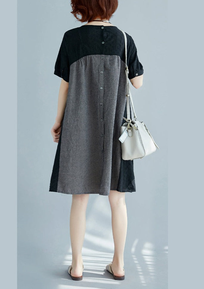 Black Cotton Linen Patchwork Vacation Dress